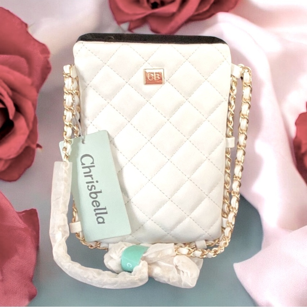 Chrisbella NWT Leather Quilted White Crossbody Bag Pouch Gold Chain Beautiful - Picture 2 of 10